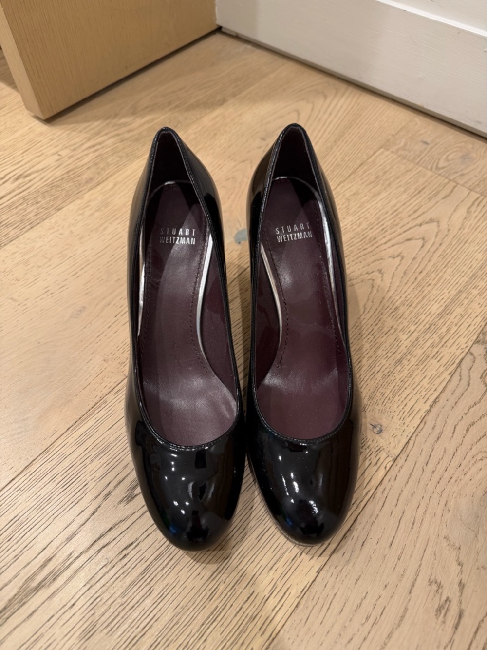 Stuart Weitzman Black Patent Leather Rounded Toe Pumps